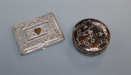 A filigree work cigarette case, a tortoiseshell and silver inlaid box and a mother of pearl card case